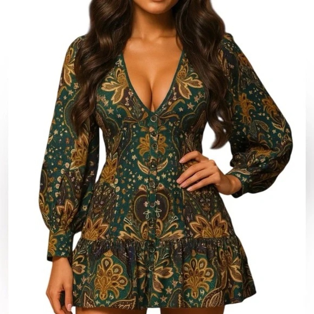 FARM Rio V-Neck Dress with Floral Patterns Jaipur Mini Dress❤️‍🔥